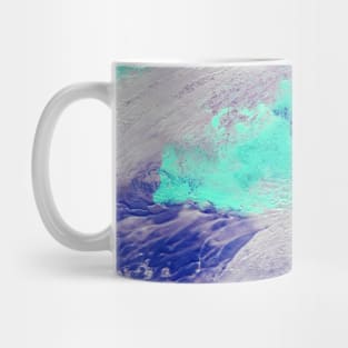 Abstract colorful background with hand-painted frozen texture. Watercolor blue-turquoise-grey painting with splashes, drops of paint, paint smears. Design for the fabric, wallpaper, cover, packaging. Mug